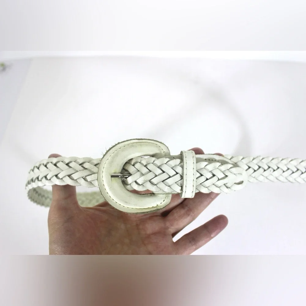 Skinny White Woven Braided Leather Belt, Narrow Self Covered Leather Buckle M L - Picture 4 of 7